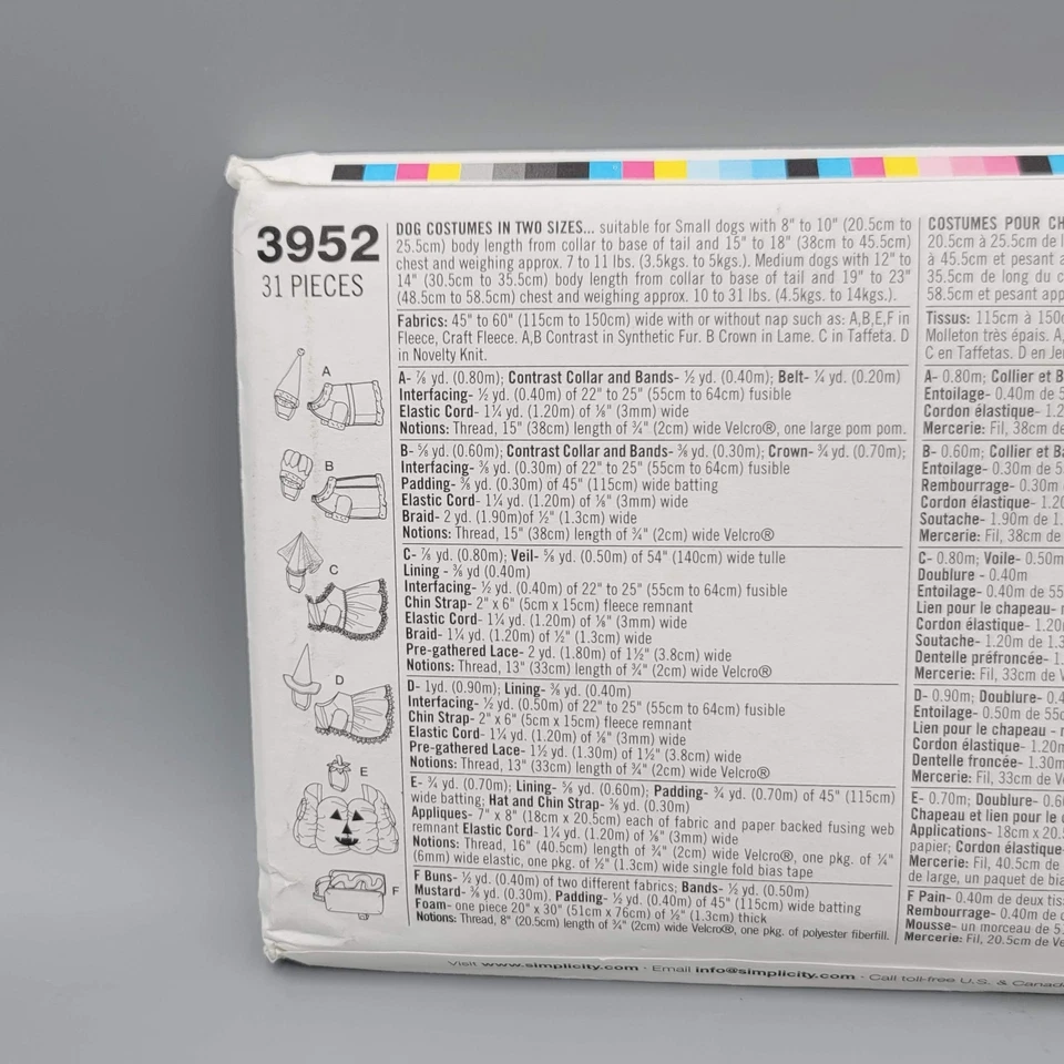 Simplicity 3952 Dog Costumes for Small to Medium Size Dogs  7 - 31 pounds UNCUT - Image 2 of 2