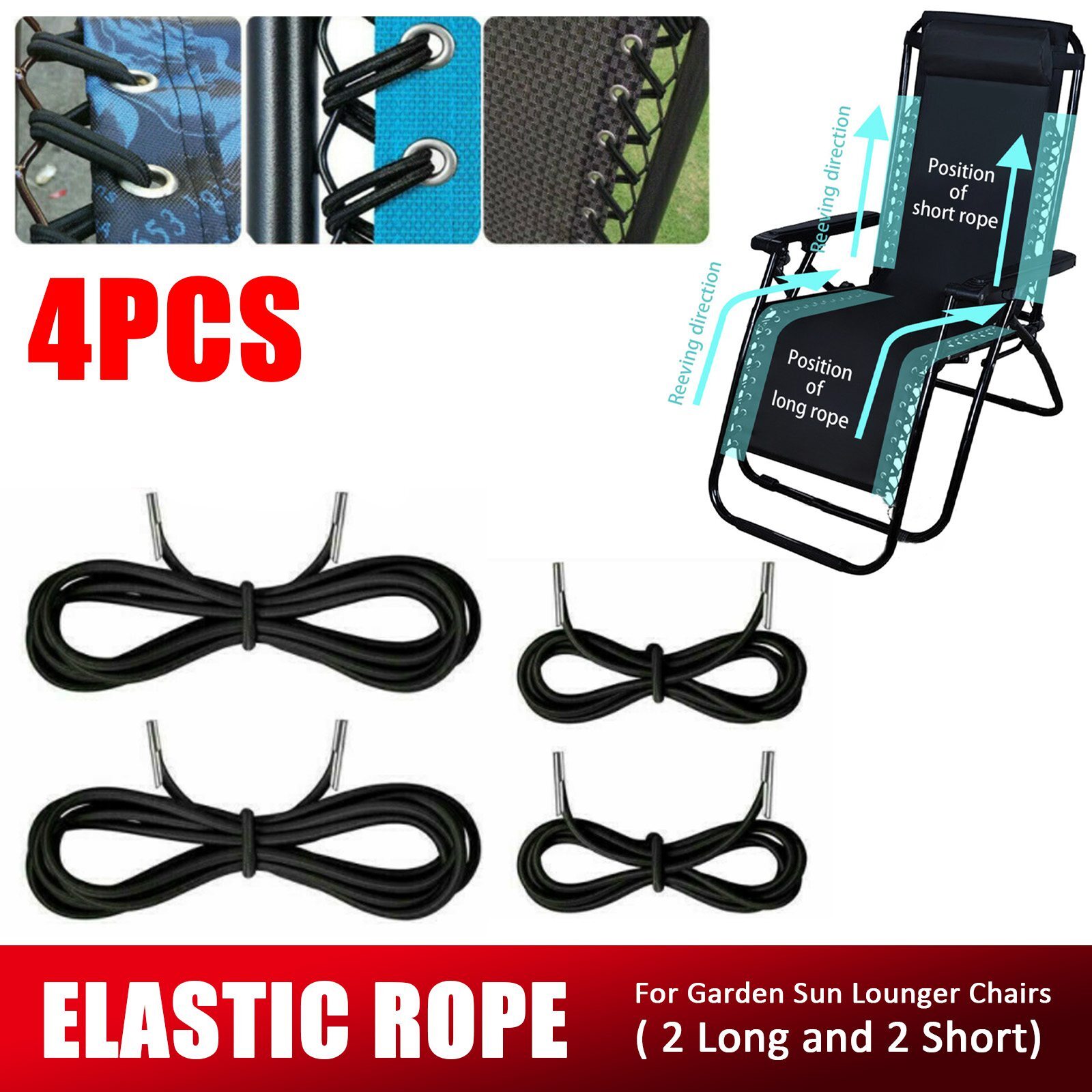 4x Ropes Elastic Cord For Folding Recliner Chairs Garden Sun Lounger