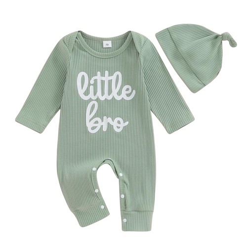 Newborn Baby Boy Romper Little Brother Print Knit Jumpsuit + Hat Infant Outfit