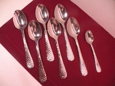 Twin Fish Silver Hammered Stainless Steel 6 Oval Soup Spoons & 1 teaspoon