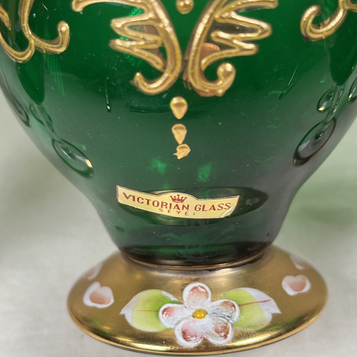 Vintage Seyei Victorian Glass Green Decanter Set with 6 Dessert