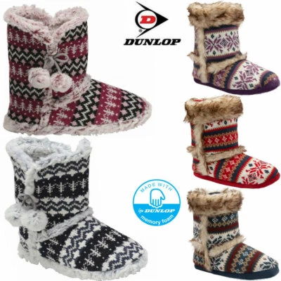 Ladies Memory Foam Slippers Dunlop Boots Ankle Fairisle Winter Warm Fur Shoes
