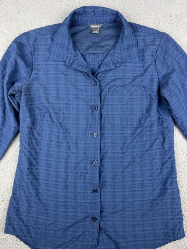 Eddie Bauer Shirt Womens Medium Seersucker Button Up Gorpcore Lightweight Blue