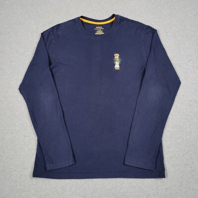 Polo Ralph Lauren Shirt Men Medium Blue Rugby Bear Long Sleeve Streetwear Preppy
