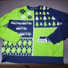 NFL Team Apparel Mens Medium Seattle Seahawks Lime Green Blue Christmas Sweater