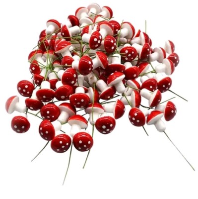 Miniature Cherry Red Mushrooms Foam Fairy Decorative Craft Garden 60 Piece New