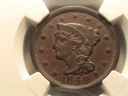 1848 Braided Hair Large Cent N-37 R4+ NGC AU 55 BN