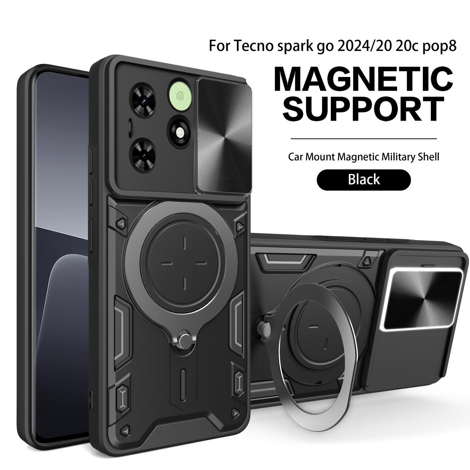 Tecno Spark 20 Armor Case with Slide Lens Cover & Magnetic Support