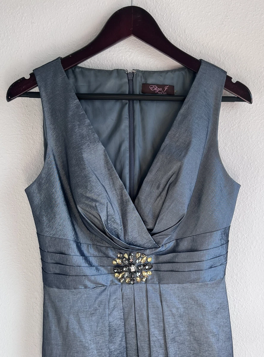 Eliza J. Jacquard Jeweled Center Sleeveless Dress Blue Gray (Size 8) - SALE