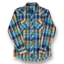 VTG 80s Wrangler Pearl Snap Western Aztec Plaid Shirt X-Long Tails Size Large