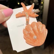 2Pcs/Set Glitter Shell Starfish Shaped Hair Clips Rhinestone Pearl Duckbill Barr