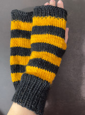Hand Knit Fingerless Gloves Black Yellow Honeybee Striped  100 Wool
