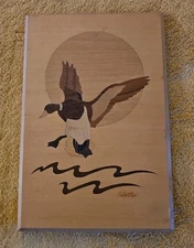 Jeff Nelson Hudson River Wood Inlay Marquetry Art 6 3/4" x 9 3/4" Flying Duck