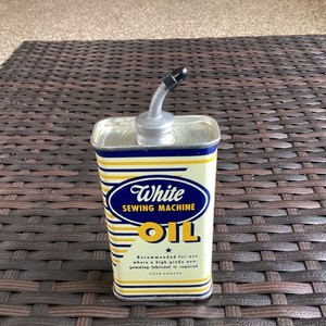 Vintage White Sewing Machine Oil 4 Oz Tin Oiler Can-Blue & Yellow Stripes 1950’s