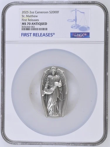 2 Oz Silver Coin 2025 Cameroon St. Matthew Antiqued High Relief NGC MS 70 POP 4