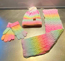 Remifa Girls Knit 3-Piece Accessory Set Hat Gloves Scarf Pom-Pom Multicolor