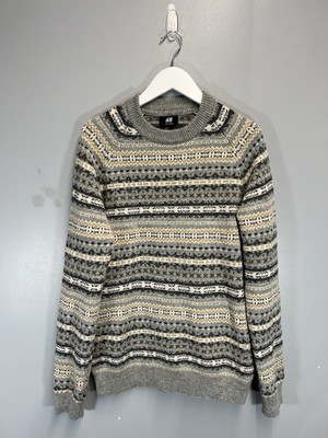 Fair Isle Medium Men s Jumper Sweater Wool Blend Grey Beige Black Multi
