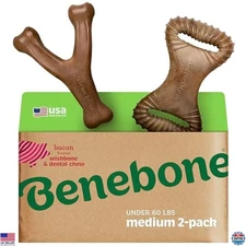 Durable Dog Chew Toys 2-Pack, Wishbone & Dental, Real Bacon, Medium, USA Made