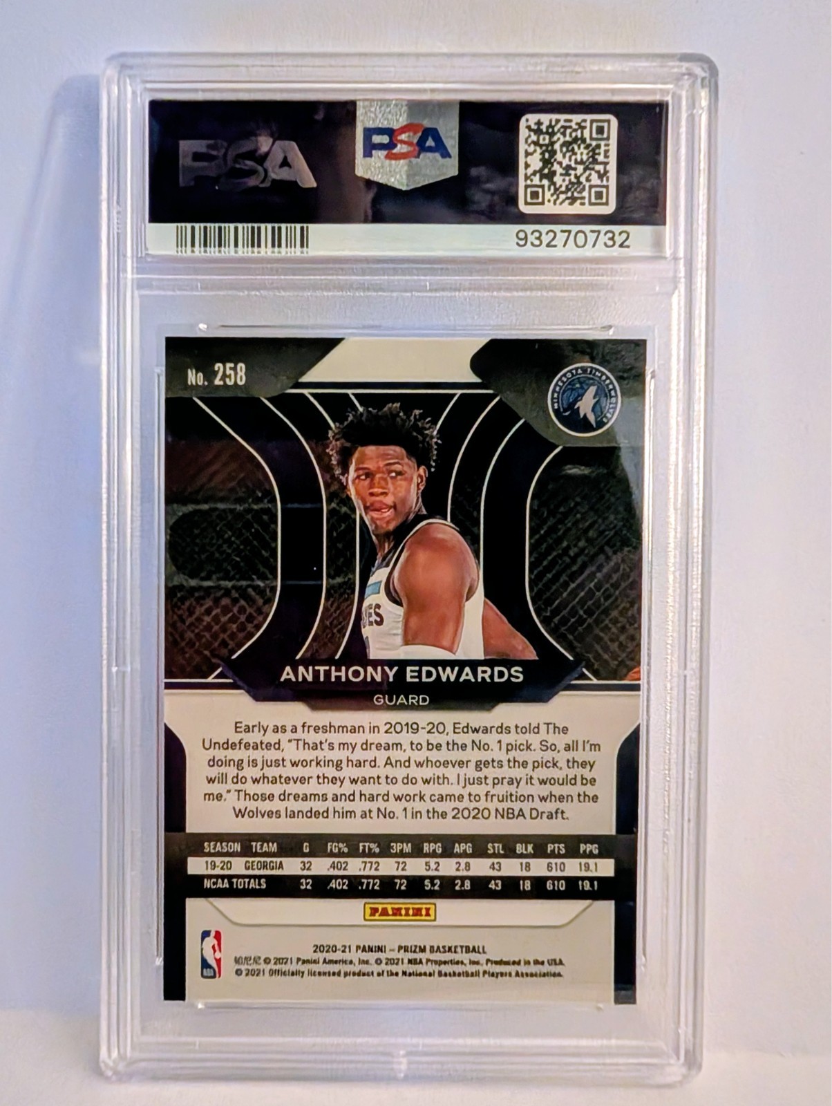 2020-21 Panini Prizm - Anthony Edwards #258 (RC) Graded PSA Mint 8!! view 2