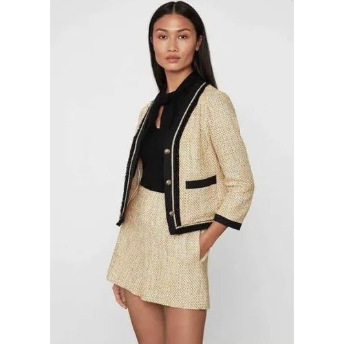 BCBGMAXAZRIA Tweed Collar Trimmed Blazer Jacket Gold Black Size XS