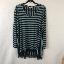 LOGO Lori Goldstein Shirt Womens XL Teal Black Stripe Lace Hem Tunic A268898