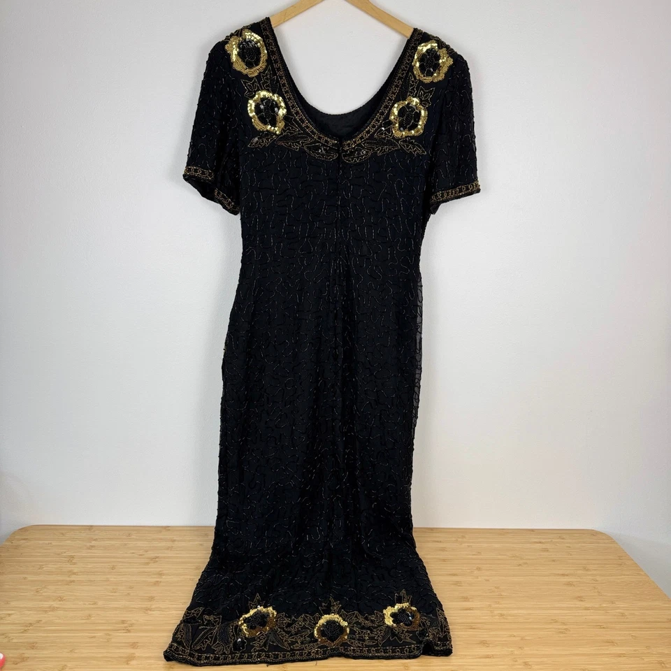 Lawrence Kazar 黑色 100% 真丝串珠亮片花卉长裙 XL 晚礼服正式 — 第 2/4 张图片