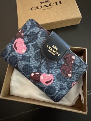 COACH Bi-fold Wallet Cherry Print in Signature Blue Outlet New w/BOX