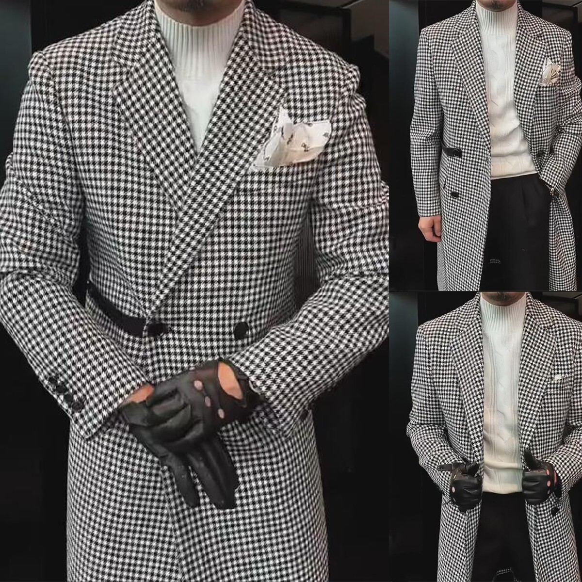 Houndstooth Men Overcoats Tweed Wool Blend Jacket Double Breasted