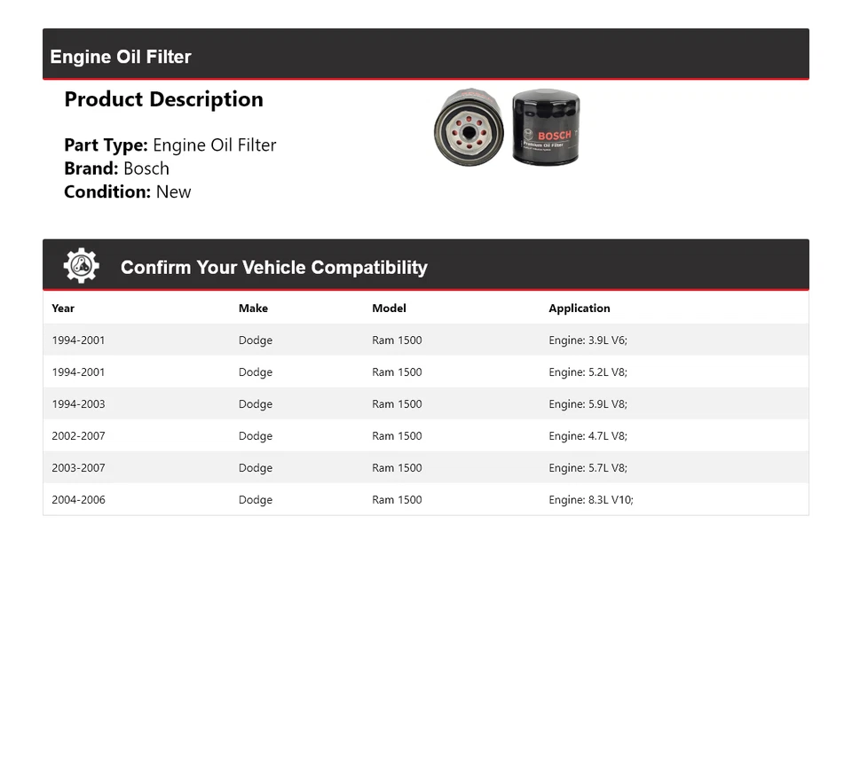 Filtro de aceite premium para Dodge Ram 1500 Bosch 1994-2007 1995 1996 1997 1998 1999 Foto 2 de 3