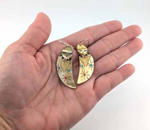 Zuni Corn Maiden Yellow Shell Kachina Dangle Earrings Handmade Southwest Jewelry - Picture 9 of 10