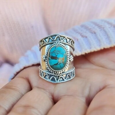 Boho 925 Sterling Silver Elegant Charms Vintage Turquoise Charms Ring Size 8