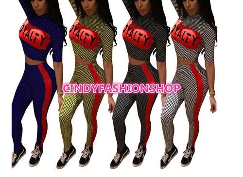 New-Women-Plaid-Print-Letter-Fashion-Two-Pieces-Short-Sleeve-Crop-Tops-Pants-K