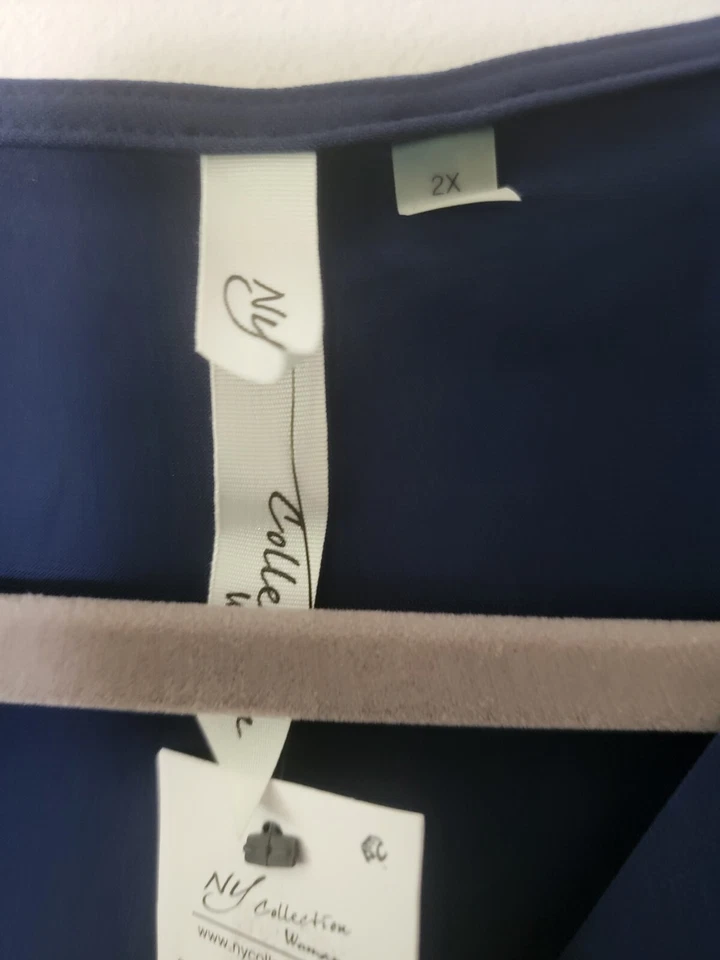 NY Collection Womens Navy Blue Midi Faux Wrap Crochet Lace Sleeves Knit Dress 2X - Image 3 of 4