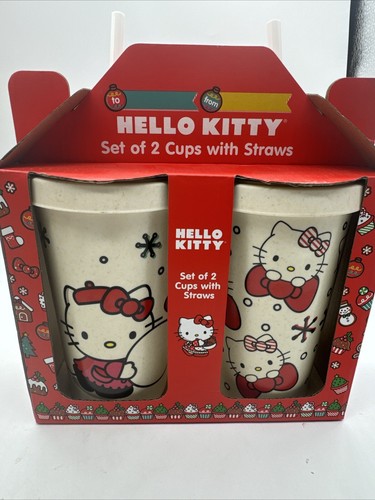 NEW NIB Hello Kitty Christmas Tumbler Set Of 2 Cup 16oz With Straws Snow - Picture 2 of 2