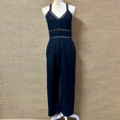 Express Jumpsuit Womens 4 Black Sleeveless Back Zip Pockets Lace Straps & Trim