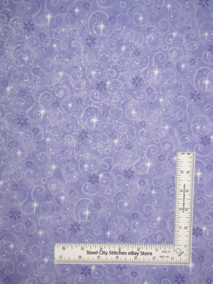 Flower Star Swirl Fabric 28'' Length 44''W Purple Silver Glitter Traditions Cotton