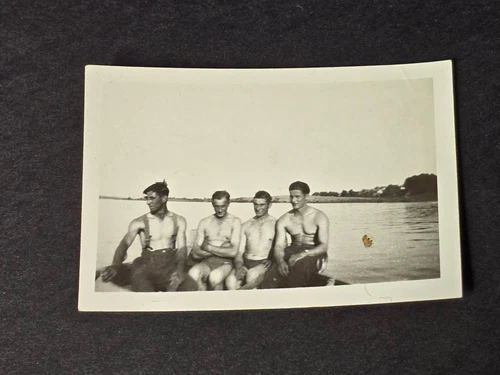 SHIRTLESS TOPLESS WEHRMACHT SOLDIERS ON LAKE WW2 WWII German Military Photo
