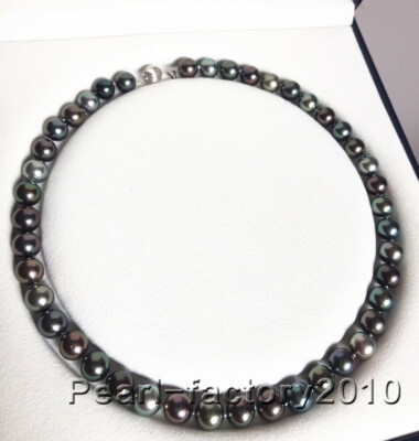 18-Inch Natural Tahitian Rice Black Pearl Necklace - 9-10mm Baroque Pearls, Silver Plated