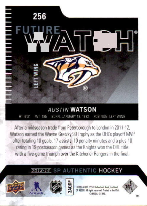 2013-14 SP Authentic #256 Austin Watson Rookie #/1299 (ref 11458) - Image 2 of 2