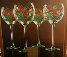 Lenox HAND PAINTED GEMS Balloon Wine Glasses -  Set/4 - Ribbons, Bows NEW in Box