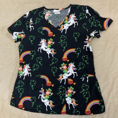 Scrubstar Leprechaun Scrub Top Small Women St Patricks Day Irish Rainbow Unicorn