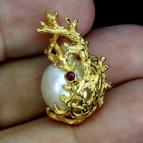 925 Sterling Silver Pendant Round Ruby 2mm Pearl Natural Gemstone Jewelry - Picture 2 of 13