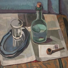 Still Life with Water Glass and Pipe Monogram Unknown Oil on Canvas 1946