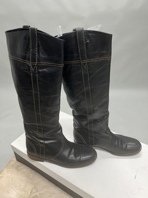 Marc Jacobs Women's Black Leather Knee-High Riding Boots with Brown Stitching 