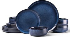 HaWare 12pc Stoneware Dinner Set for 4 – Reactive Glaze Plates & Bowls Blue