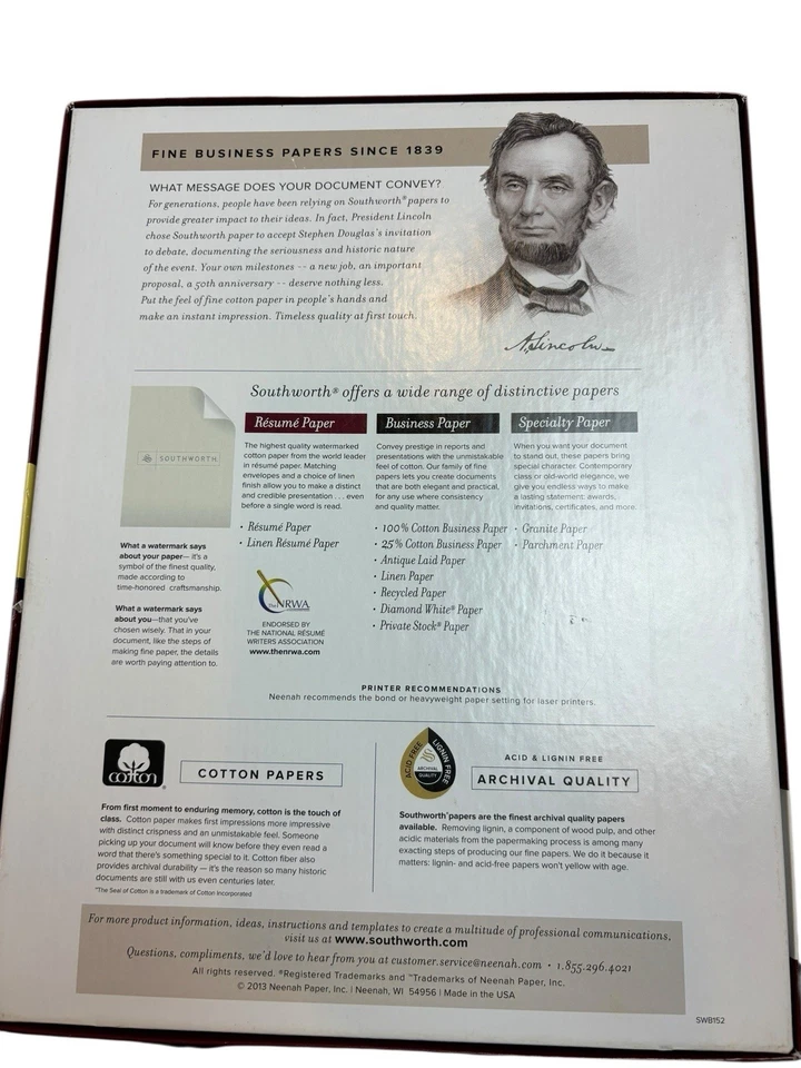 Southworth 100% Cotton 24 lb White Resumé Paper 8.5" x 11" Watermarked 90 Sheets - Image 2 of 3