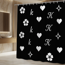 Black Floral Shower Curtain with Hearts and Stars Design