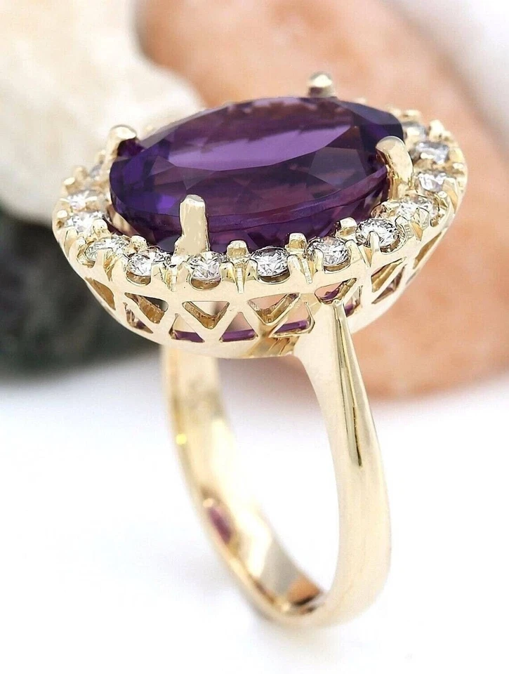 6.30 Ct Oval Cut Natural Amethyst & Diamond Wedding 14K Ring Yellow Gold Sz 6.5 - Image 3 of 4