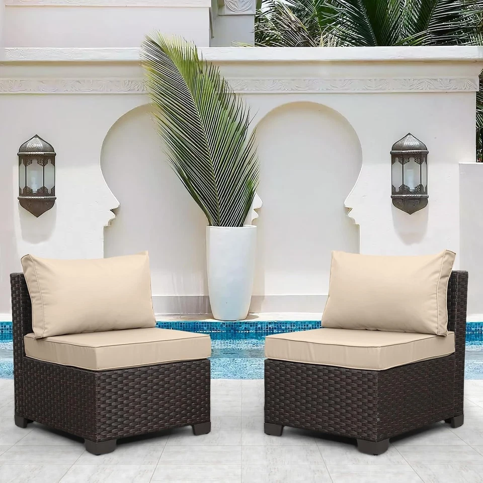 Juego de muebles de patio de mimbre PE de exterior 2 piezas silla sin brazos sofá de ratán marrón Foto 2 de 4