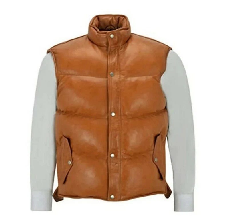 Men's Tan Puffer Lambskin Leather Vest Leather Waistcoat